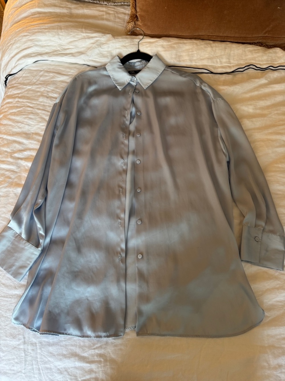 ZARA Pale Blue Satin Collared Button Blouse